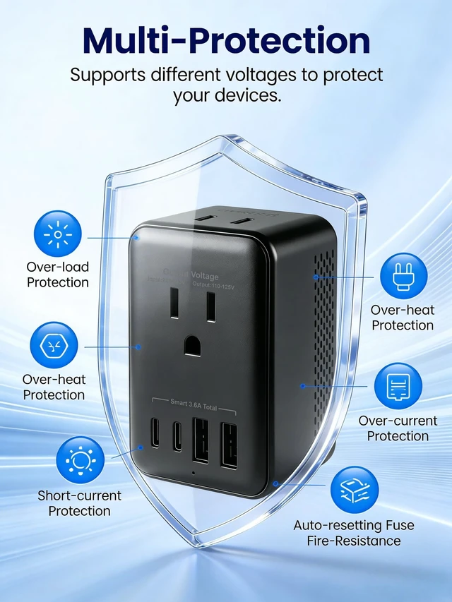 Alt view image 5 of 5 - QENEQ Travel Adapter Voltage Converter US to Europe Power Adapter Step Down Transformer 220V to 110V with 2 USB A 2 USB C & UK/AU/US/EU/South Africa for Hair Dryer (Black)
