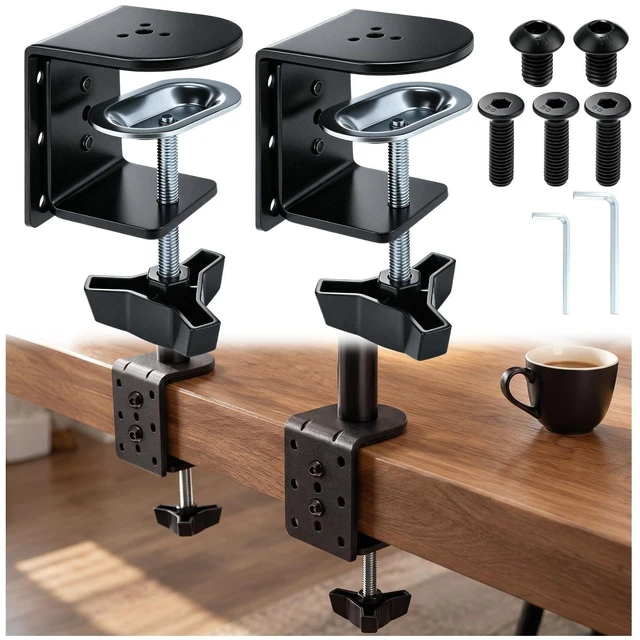 Main image of Yalikop 2 Pack Heavy Duty Desk Clamp for Monitor Mount Universal Desk Grommet Mount Adapter Black Steel Replacement C Clamp Fits 0.4-4 Inch Thick, Compatible with Monitor Arm, Microphone Boom Arm