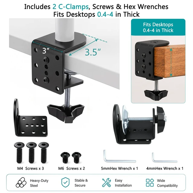 Alt view image 2 of 5 - Yalikop 2 Pack Heavy Duty Desk Clamp for Monitor Mount Universal Desk Grommet Mount Adapter Black Steel Replacement C Clamp Fits 0.4-4 Inch Thick, Compatible with Monitor Arm, Microphone Boom Arm