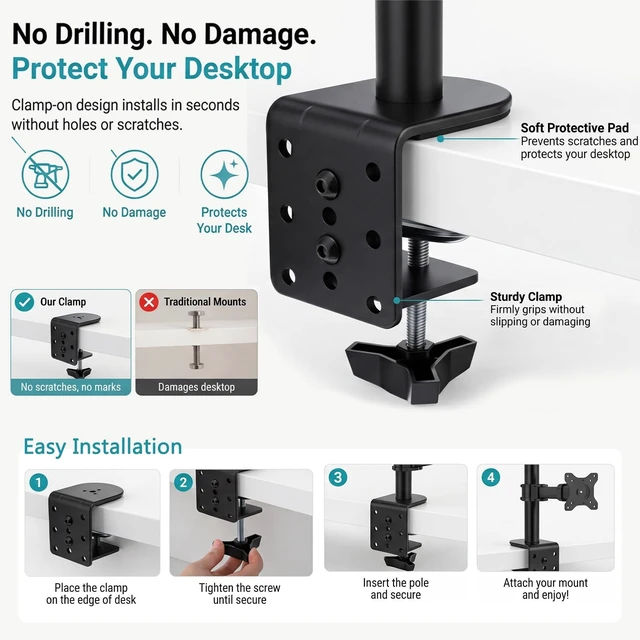 Alt view image 4 of 5 - Yalikop 2 Pack Heavy Duty Desk Clamp for Monitor Mount Universal Desk Grommet Mount Adapter Black Steel Replacement C Clamp Fits 0.4-4 Inch Thick, Compatible with Monitor Arm, Microphone Boom Arm