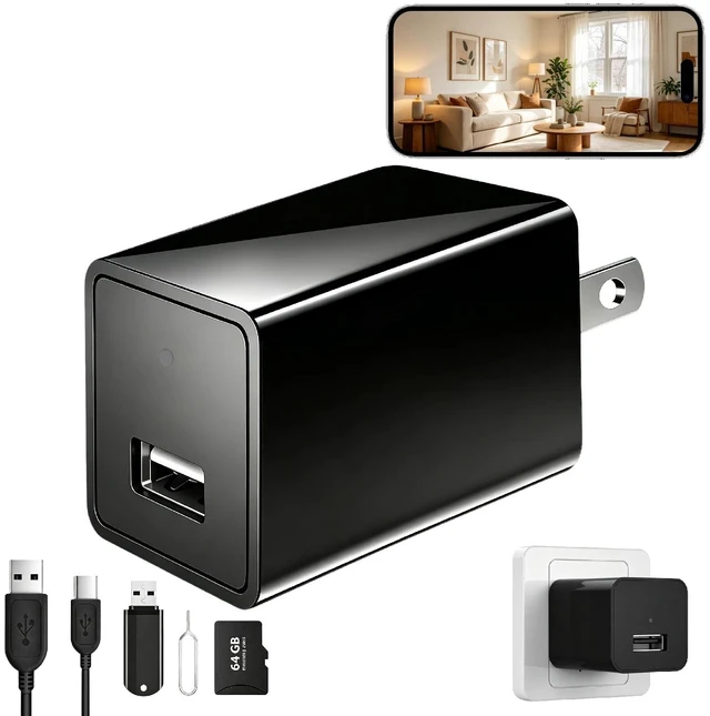Main image of Charger Camera, No WiFi, Wireless Plug-in Full HD 1080P Video Small Camera, Mini Indoor Surveillance Camera with Motion Detection & Loop Recording 64GB Card for Home Security, Room, Pet, Baby