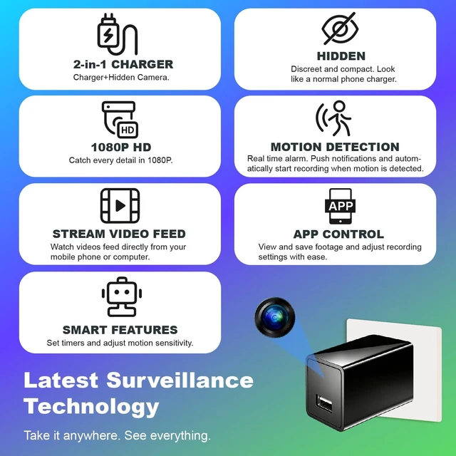 Alt view image 4 of 5 - Charger Camera, No WiFi, Wireless Plug-in Full HD 1080P Video Small Camera, Mini Indoor Surveillance Camera with Motion Detection & Loop Recording 64GB Card for Home Security, Room, Pet, Baby