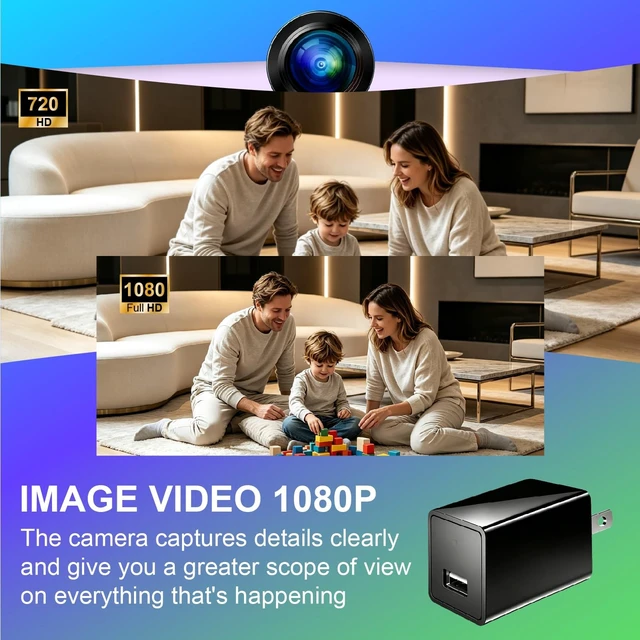 Alt view image 5 of 5 - Charger Camera, No WiFi, Wireless Plug-in Full HD 1080P Video Small Camera, Mini Indoor Surveillance Camera with Motion Detection & Loop Recording 64GB Card for Home Security, Room, Pet, Baby