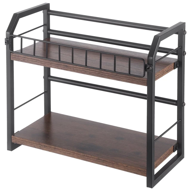 Alt view image 2 of 5 - Skdqiee 2-Tier CD Storage Rack, Metal Wood CD Storage Shelf, Organizer Rack with Non Slip Pads & Raised Guardrail, 11 lbs Load Capacity, Open Countertop Stand for Office, Kitchen