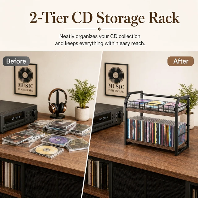 Alt view image 3 of 5 - Skdqiee 2-Tier CD Storage Rack, Metal Wood CD Storage Shelf, Organizer Rack with Non Slip Pads & Raised Guardrail, 11 lbs Load Capacity, Open Countertop Stand for Office, Kitchen