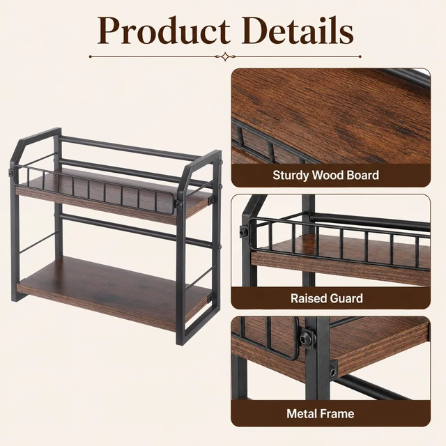Alt view image 4 of 5 - Skdqiee 2-Tier CD Storage Rack, Metal Wood CD Storage Shelf, Organizer Rack with Non Slip Pads & Raised Guardrail, 11 lbs Load Capacity, Open Countertop Stand for Office, Kitchen