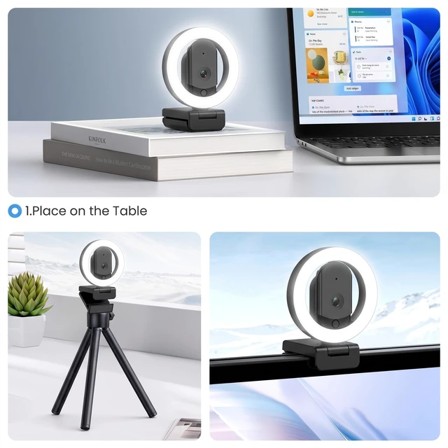 Alt view image 5 of 5 - HUYEOOG 2K Mini Webcam with Microphone, 3-Color Fill Light & Privacy Cover, Wide Angle HD Beauty Webcam with Tripod & USB C Adapter, Plug & Play for PC/Laptop/Zoom/Streaming/Gaming (Black)