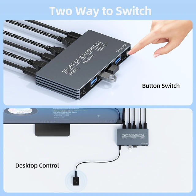 Alt view image 5 of 5 - 4K@120Hz DP Kvm Switch 1 Monitors 2 Computers 8K@60Hz Monitor Displayport KVM Switches, 4 USB3.0 Ports for 2 PC Share Mouse Keyboard Support PoC EDID Button Switch Plug and Play Zero Latency