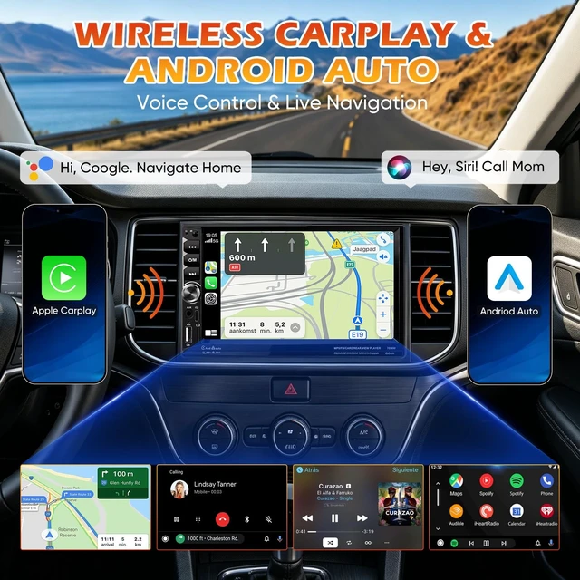 Alt view image 2 of 5 - RDFEBC Double Din Car Stereo Wireless CarPlay Android Auto 7" HD Touch