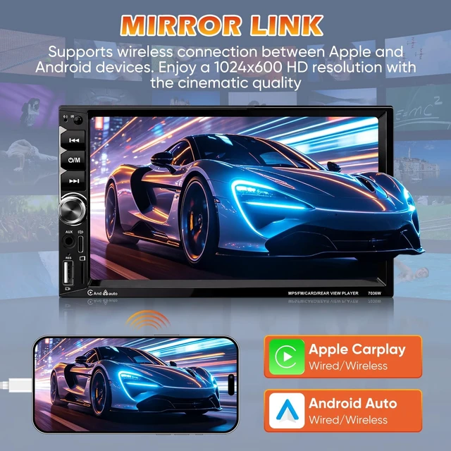 Alt view image 4 of 5 - RDFEBC Double Din Car Stereo Wireless CarPlay Android Auto 7" HD Touch