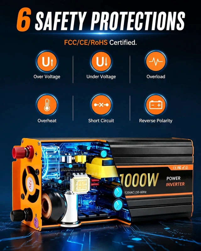 Alt view image 3 of 5 - 1000W Car Power Inverter, 12V DC to 110V/120V AC for Vehicles with USB Port