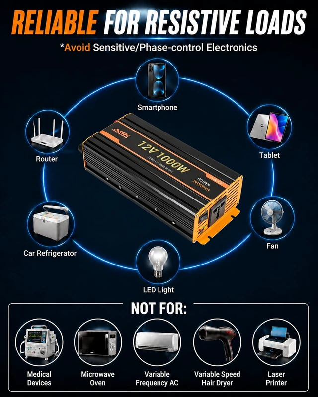 Alt view image 4 of 5 - 1000W Car Power Inverter, 12V DC to 110V/120V AC for Vehicles with USB Port