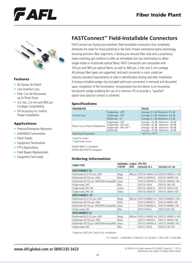 Alt view image 4 of 5 - AFL Fast-SC-SMAU SM SINGLEMODE 0.9MM/0.25MM Fiber Connectors (Pack of 6 Connectors)