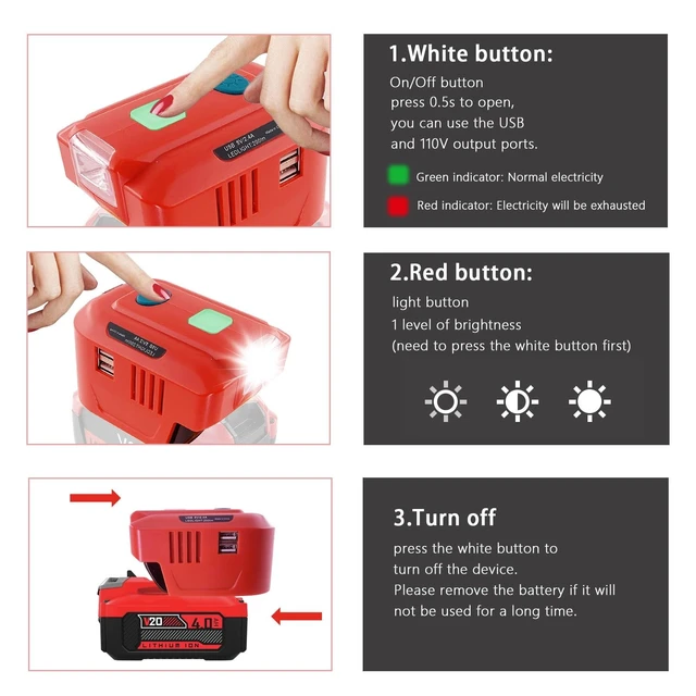 Alt view image 5 of 5 - Power Inverter for Craftsman 20V Battery,for Craftsman 150W Portable Power Supply Inverter,DC 20V to AC 120V Power Inverter for Craftsman w/AC Outlet & LED Light (No Battery)