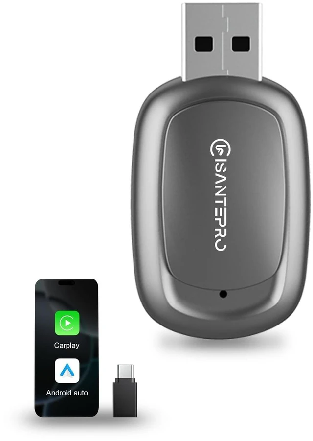 Main image of Isantepro 2-in-1 Wireless CarPlay Adapter & Android Auto for Apple iPhone, 2026 Upgrade Mini Bluetooth Dongle Convert Wired to Wireless, Plug & Play, USB A & Type C for 2016+ Cars, iOS 1
