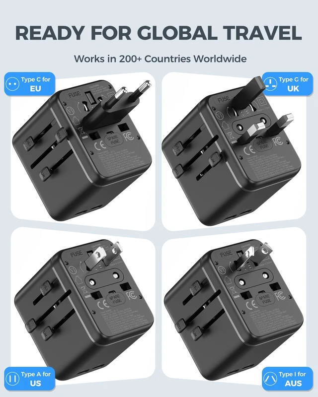 Alt view image 3 of 5 - JMFONE Universal Travel Adapter, 3 USB-C 1 USB-A, Dual AC Outlets Max 2500W
