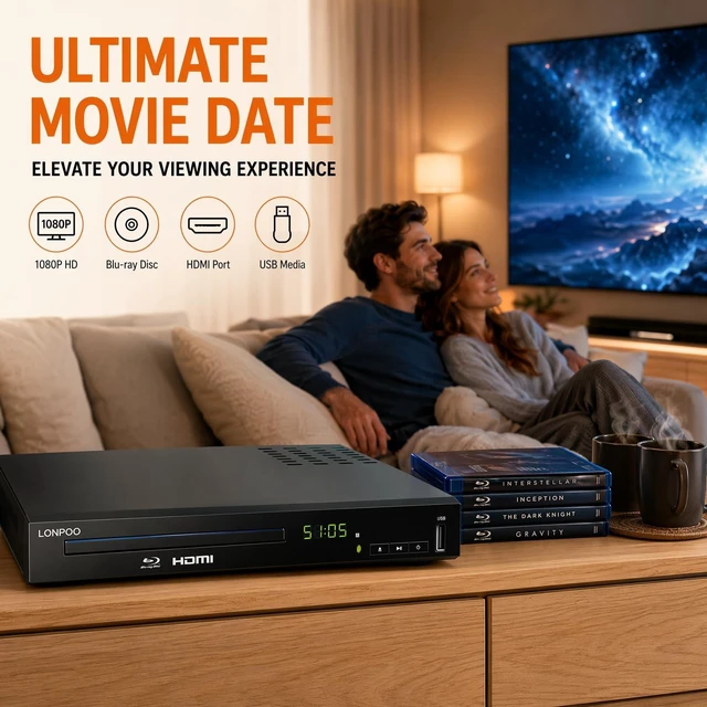 Alt view image 4 of 5 - LONPOO LP-100 Blu-Ray Disc Player for TV 1080P DVD CD HDMI USB Upscaling