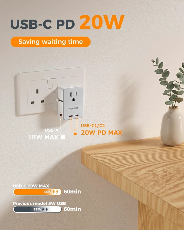 Alt view image 5 of 5 - TESSAN UK Adapters for Travel, Foldable Type G US to UK Plug Adaptor