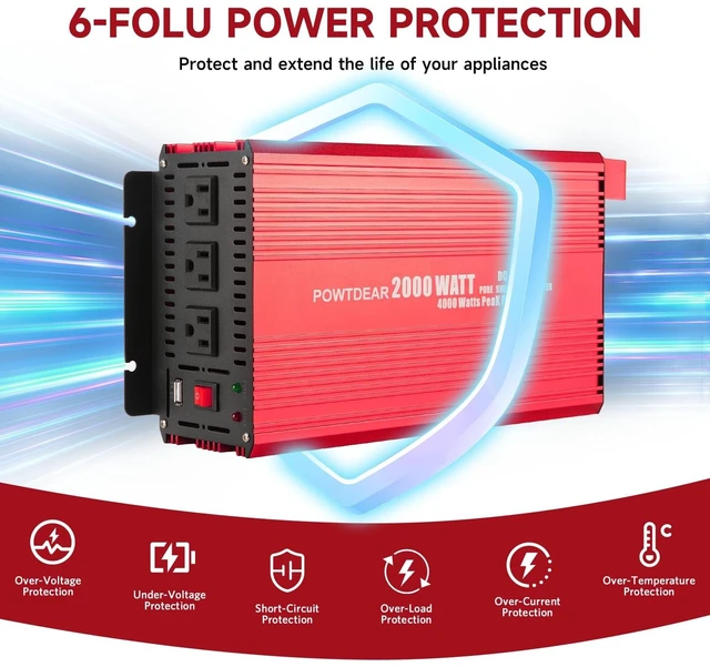 Alt view image 2 of 5 - Pure Sine Vane Power Inverter 2000 Watt, DC 12V to 110V AC Converter with 3 Charger Outlets and with 2 Built-in 5V/2.1A USB Port Red
