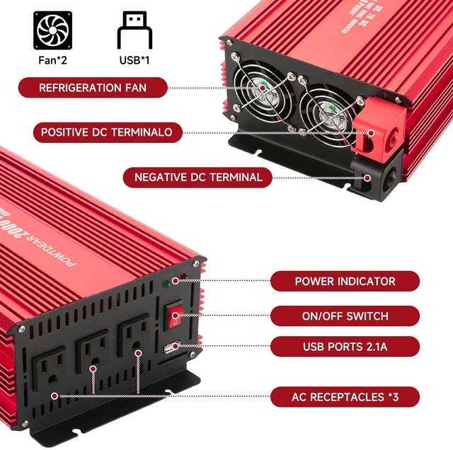 Alt view image 3 of 5 - Pure Sine Vane Power Inverter 2000 Watt, DC 12V to 110V AC Converter with 3 Charger Outlets and with 2 Built-in 5V/2.1A USB Port Red