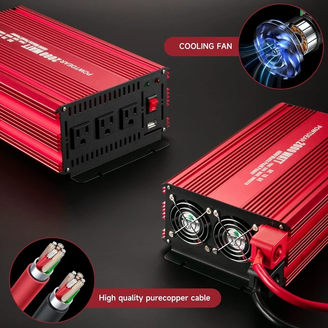 Alt view image 4 of 5 - Pure Sine Vane Power Inverter 2000 Watt, DC 12V to 110V AC Converter with 3 Charger Outlets and with 2 Built-in 5V/2.1A USB Port Red