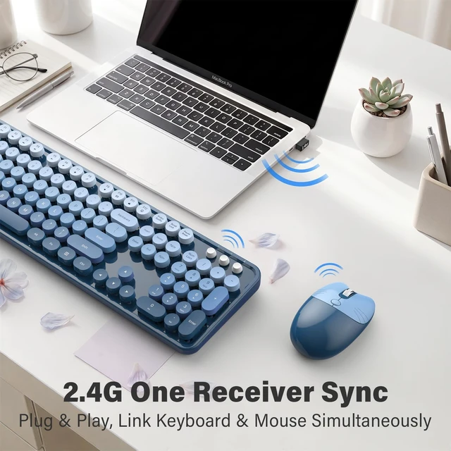 Alt view image 2 of 5 - MOFII Retro Round Wireless Keyboard and Mouse Combo, Full Size 2.4G Lag-Free Plug & Play, Long Battery Life Optical Mouse, Compatible with Laptop Desktop PC- Blue Gradient