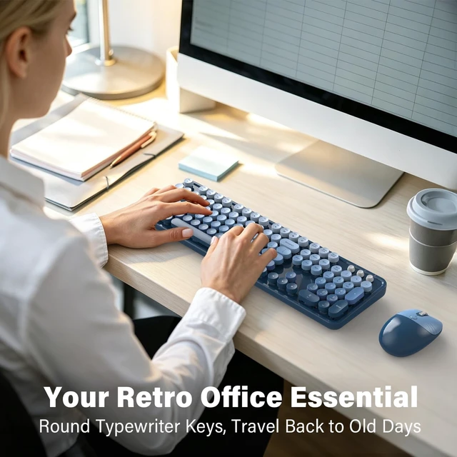 Alt view image 4 of 5 - MOFII Retro Round Wireless Keyboard and Mouse Combo, Full Size 2.4G Lag-Free Plug & Play, Long Battery Life Optical Mouse, Compatible with Laptop Desktop PC- Blue Gradient