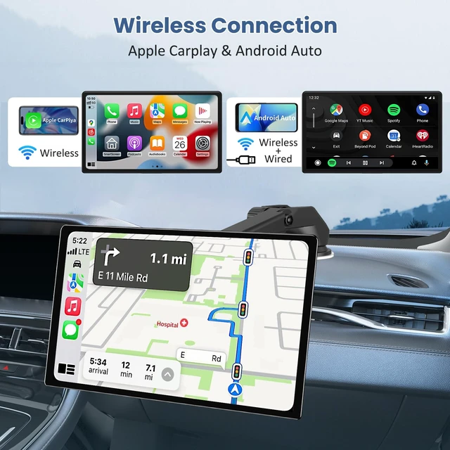 Alt view image 2 of 5 - Largest 11.3" Portable Apple Carplay Screen, Wireless Car Play & Android Auto Touch Screen, Car Stereo with App View/4K Dash Cam/Backup Camera/Mirror Link/Voice Control/Music Play/GPS/Bluetooth