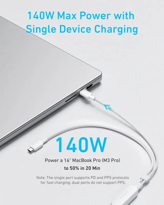 Alt view image 3 of 5 - Anker Cable,6FT 2-in-1 USB C to USB C Cable 140W Max,Fast Charging for iPhone 16/16 Pro Max/15 Series,MacBook Air/Pro,and More(Braided,White)