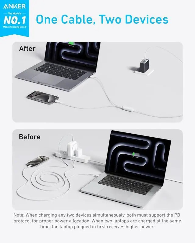 Alt view image 2 of 5 - Anker Cable,6FT 2-in-1 USB C to USB C Cable 140W Max,Fast Charging for iPhone 16/16 Pro Max/15 Series,MacBook Air/Pro,and More(Braided,White)