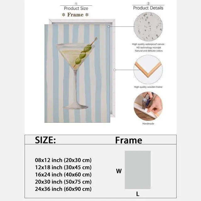Alt view image 2 of 7 - Martini Wall Art Cocktail Canvas Prints Trendy Bar Cart Poster Alcohol Drink Art Decor Minimalist Aesthetic Prints Apartment Dorm Kitchen Home Bar Wall Decor Framed16x24inch