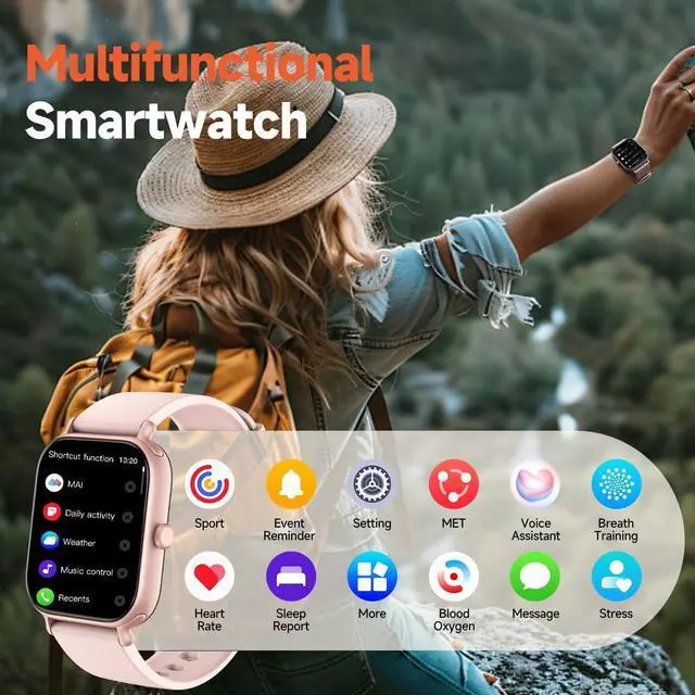 Alt view image 3 of 6 - 1.95" Smart Watch for Women & Men  Fitness Tracker w/ Call Function, Heart Rate/SpO2/Sleep Monitor, IP68 Waterproof, 100+ Sports Modes, Compatible with Android & iPhone (Pink)