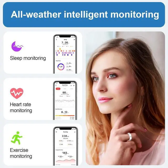 Alt view image 3 of 7 - Wise Time Fashion Smart Ring For Women Health Tracker Heart Rate Sleep Blood Oxygen Period Step Counter IP68 Waterproof Workout Office Travel Gift For Her iOS Android Diamond Ring Best Wearable Gift