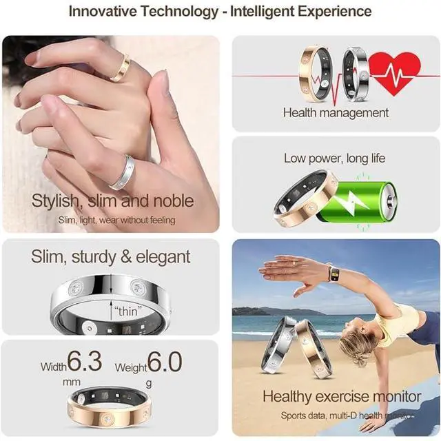 Alt view image 2 of 7 - Wise Time 2025 New Diamond Smart Ring For Women 24/7 Heart Rate Sleep Tracker Ultra Slim Fitness Ring Waterproof Step Counter Calorie Burn Monitor iOS Android Gift Rose Gold 12#