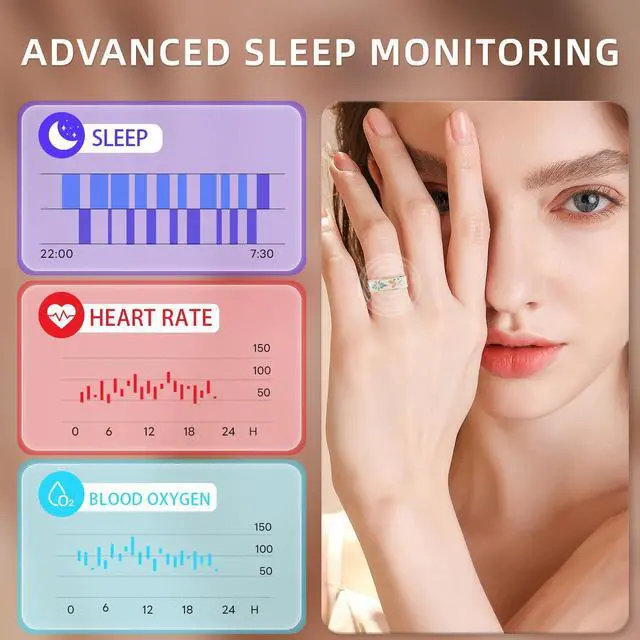 Alt view image 3 of 7 - Wise Time 2025 New Vintage Smart Ring for Women, Fitness Tracker with Heart Rate Monitor, Sleep Tracker, 8 Sport Modes, Step Counter, IP68 Waterproof, 5-7 Day Battery, Crystal Magnetic Charging Case