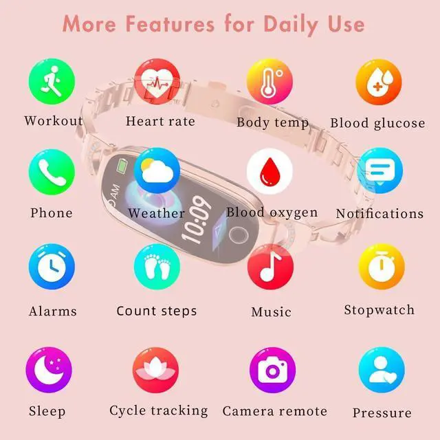 Alt view image 2 of 7 - Wise Time Bling Smartwatch for Women Compatible for iPhone Android iOS Phones Smart Bracelet with Female Menstrual Cycle Heart Rate Blood Pressure Remote Photography Waterproof Pedometer Rose gold