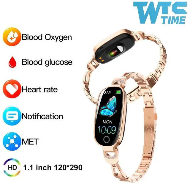 Main image of Wise Time Bling Smartwatch for Women Compatible for iPhone Android iOS Phones Smart Bracelet with Female Menstrual Cycle Heart Rate Blood Pressure Remote Photography Waterproof Pedometer Rose gold