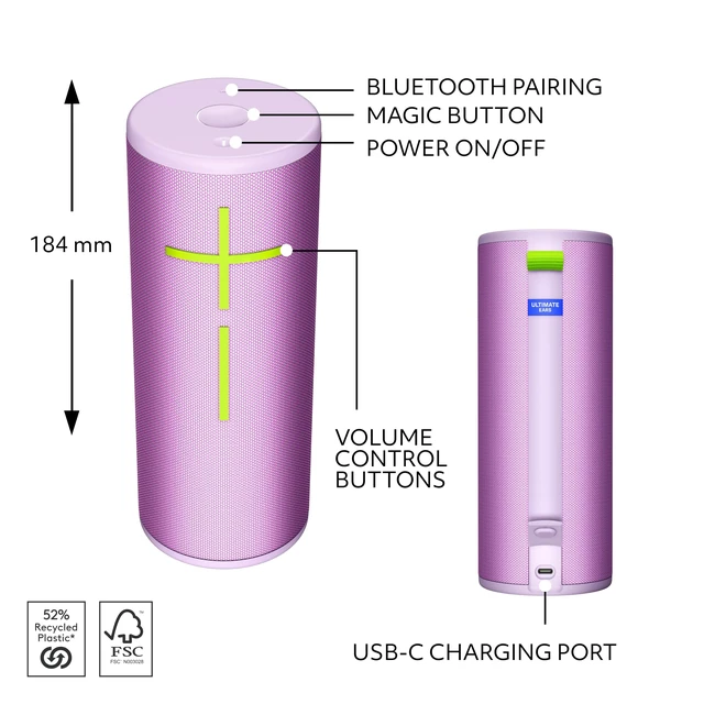 Alt view image 7 of 7 - Boom 4 Portable Bluetooth Speaker, Waterproof - Lilac Waterproof, balanced 360-degree sound, clear audio, bass, floating speaker, 15-hour battery, 147ft (45m) range