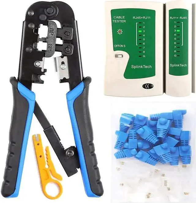Main image of JVFYI RJ45 Crimp Tool Kit, 50 PCS RJ45 Connectors, 50 PCS Covers, 1 Cat5 Cat5e Ethernet Crimping Tool, 1 RJ45 Tester and 1 Mini Wire Stripper, RJ11, 6P/ RJ12, 8P/ RJ45 Crimp Tool Set