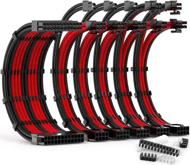 Main image of JVFYI PSU Cable Extension Kit 30CM Length with Combs,1x24Pin/2x8Pin(4+4) EPS/3x8Pin(6P+2P) PCI-E/PC Sleeved for ATX Power Supply Black - Red