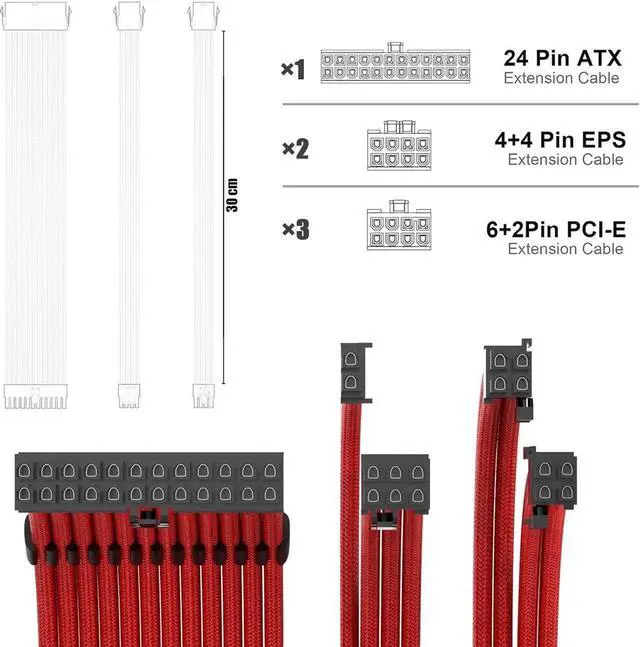 Alt view image 2 of 4 - JVFYI PSU Cable Extension Kit 30CM Length with Combs,1x24Pin/2x8Pin(4+4) EPS/3x8Pin(6P+2P) PCI-E/PC Sleeved for ATX Power Supply Red