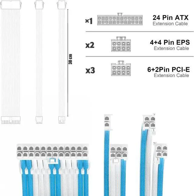 Alt view image 2 of 4 - JVFYI PSU Cable Extension Kit 30CM Length with Combs,1x24Pin/2x8Pin(4+4) EPS/3x8Pin(6P+2P) PCI-E/PC Sleeved for ATX Power Supply White - Blue