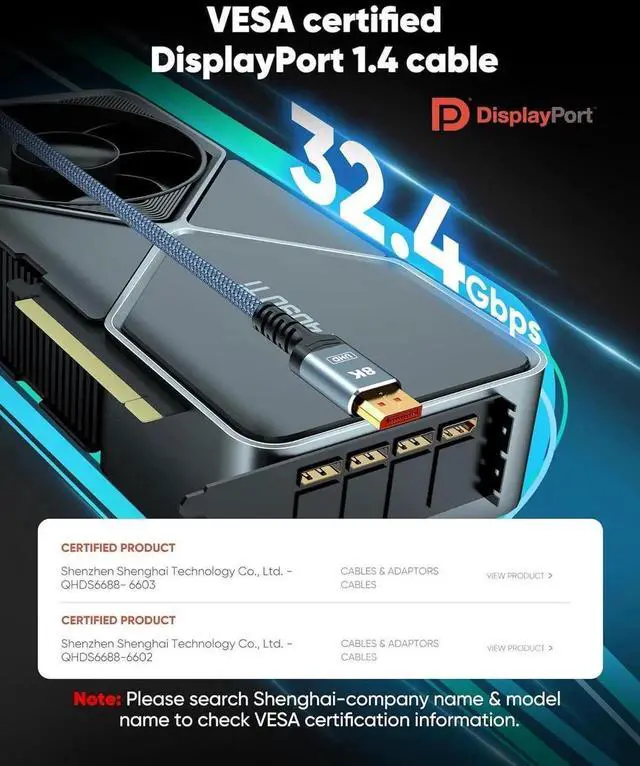 Alt view image 2 of 7 - 8K DisplayPort Cable 6.6FT DP Cable, Display Port to Display Port 1.4 Cable (8K@60Hz, 4K@144Hz, 2K@240Hz, 32.4Gbps, Dynamic HDR, 3D, HDCP2.2) for Monitor, Graphics Card, PC, Laptop