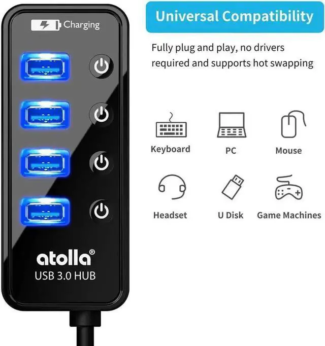 Alt view image 6 of 7 - 4-Port USB 3.0 Hub with 4 USB 3.0 Data Ports and 1 USB Smart Charging Port, USB Splitter with Individual On/Off Switches and 5V/3A Power Adapter