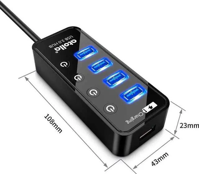 Alt view image 5 of 7 - 4-Port USB 3.0 Hub with 4 USB 3.0 Data Ports and 1 USB Smart Charging Port, USB Splitter with Individual On/Off Switches and 5V/3A Power Adapter