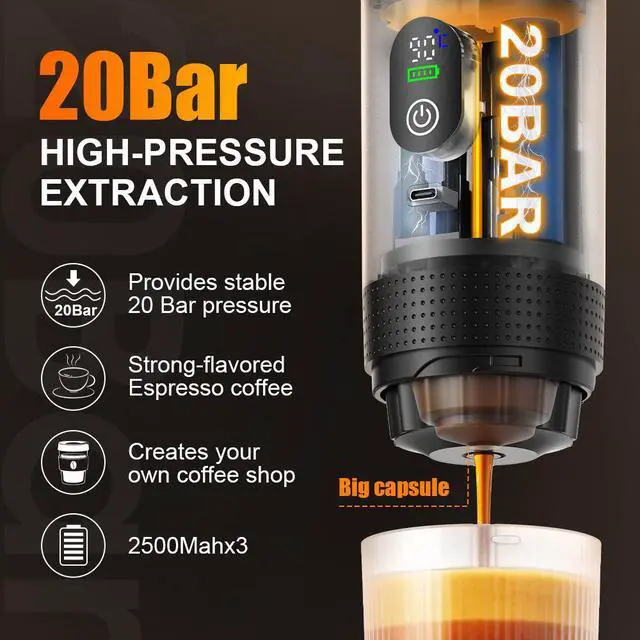 Alt view image 4 of 5 - LED Display Portable Espresso Machine 20Bar 3 in 1 Automatic USB Electric Coffee Maker Machine for Travel Outdoor Camping Silver