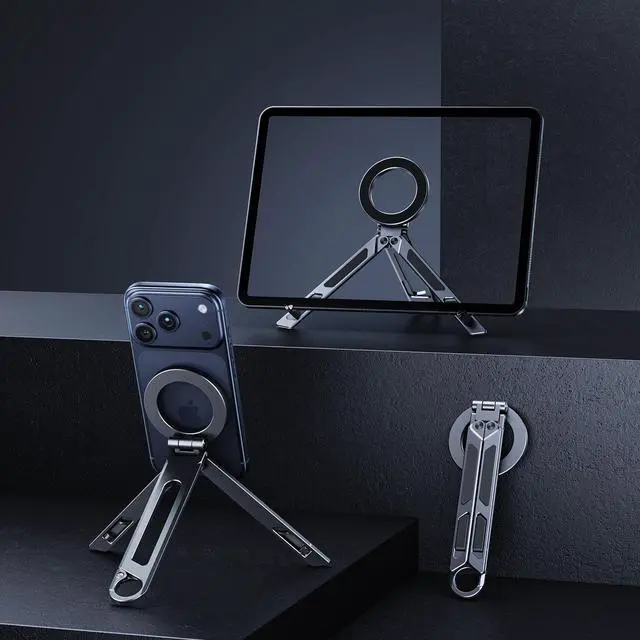 Alt view image 4 of 6 - E12 Portable Multi-Mode Magnetic Phone Stand with Carabiner, Adjustable Tripod for Travel, Selfie, Tablet & Desktop Use Silver