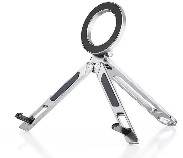 Main image of E12 Portable Multi-Mode Magnetic Phone Stand with Carabiner, Adjustable Tripod for Travel, Selfie, Tablet & Desktop Use Silver
