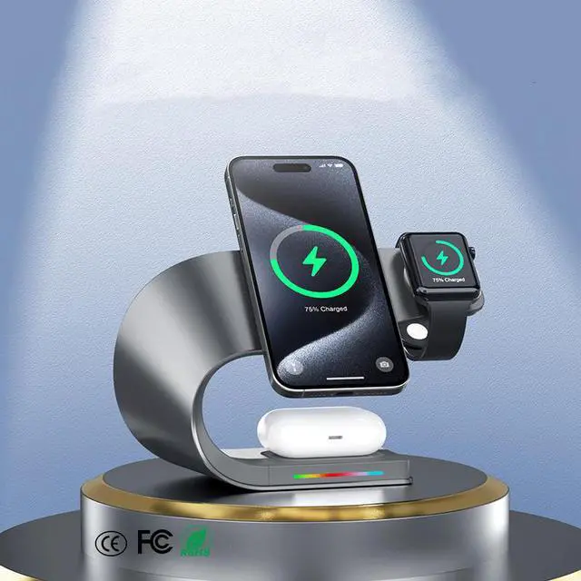 Alt view image 3 of 6 - 15W Fast 4 in 1 Metal Magnetic Desktop Wireless Charger Multifunction Station with Strong Magnet for AirPods