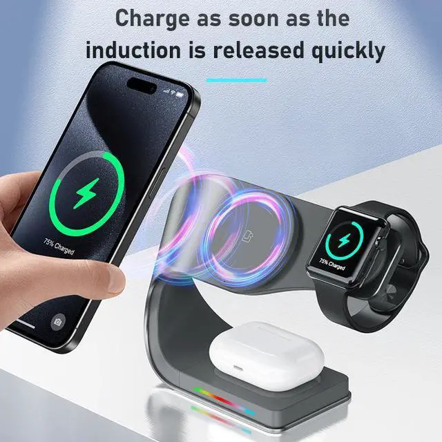 Alt view image 6 of 6 - 15W Fast 4 in 1 Metal Magnetic Desktop Wireless Charger Multifunction Station with Strong Magnet for AirPods